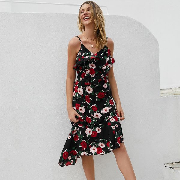 

women summer new print open back suspender dress, Black;gray