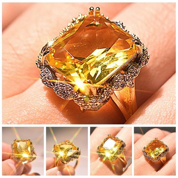 

wedding rings copper gold filled luxury big champagne square zircon ring micro paved cz for women fashion jewelry female, Slivery;golden
