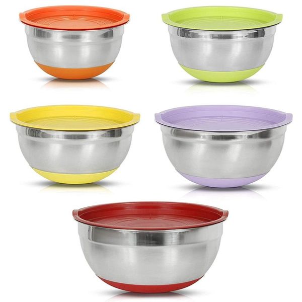 

bowls 5pcs mixing bowl with lids set, stainless steel salad bowl, silicone bottom for kitchen cooking