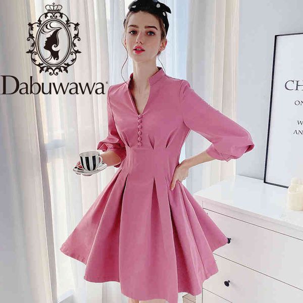 Dabuwawa Elegante scollo a V Solido Casual Button Dress Donna Primavera Vintage Vita alta Lantern Sleeve Abiti Donna DO1ADR039 210520