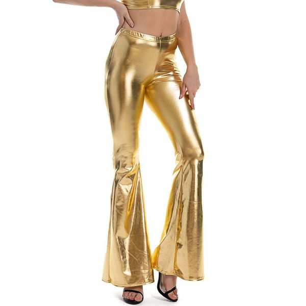 

women's pants capris pu leather metallic shiny holographic flare women girls bodycon elastic waist bell bottom trousers clubwear, Black;white