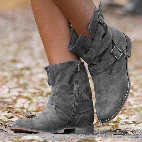 

boots vogue women ankle short flock round toe buckle strap retro warm zipper non-slip shoes ladies botas mujer, Black