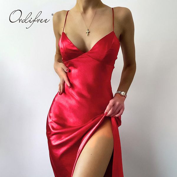Vestito da sottoveste in seta con cinturino per spaghetti rosso senza schienale in raso sexy da donna con spacco alto 210415
