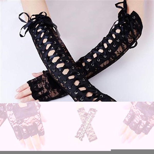 

five fingers gloves lace long winter elbow length half-finger ribbon fingerless fishnet mesh etiquette party, Blue;gray