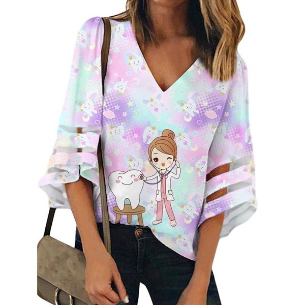 

women's blouses & shirts forudesigns and angle pattern summer women casual breathable for lady dating 3/4 sleeve fashion, White