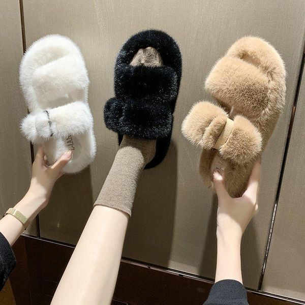 

slippers flat shoes female woman's fur flip flops slides fashion winter footwear med 2021 plush soft luxury rubber with basi, Black