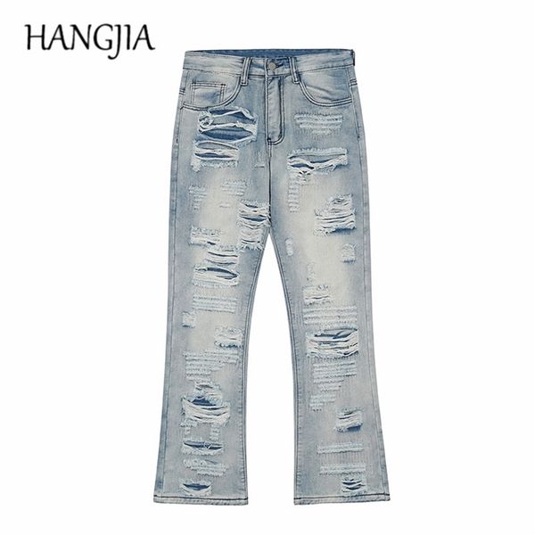 

hip hop distressed streetwear ripped flared jeans biker tailored embroidered washed destroyed hole flare denim trousers for men 211111, Blue