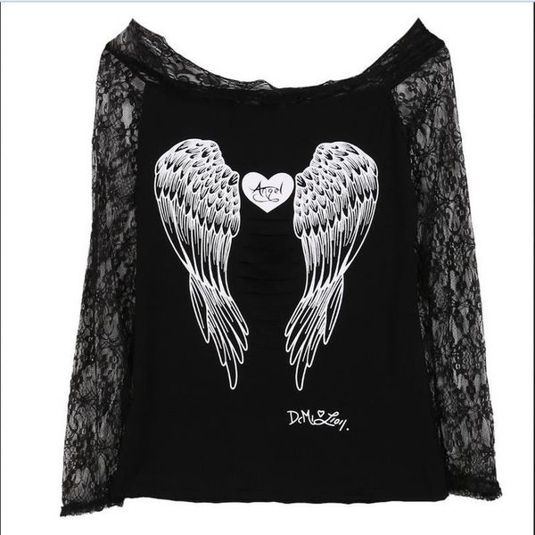 

womens shirts blouses women angel wings letter back printing long sleeve loose prints shirt casual lace off shoulder blouse, White