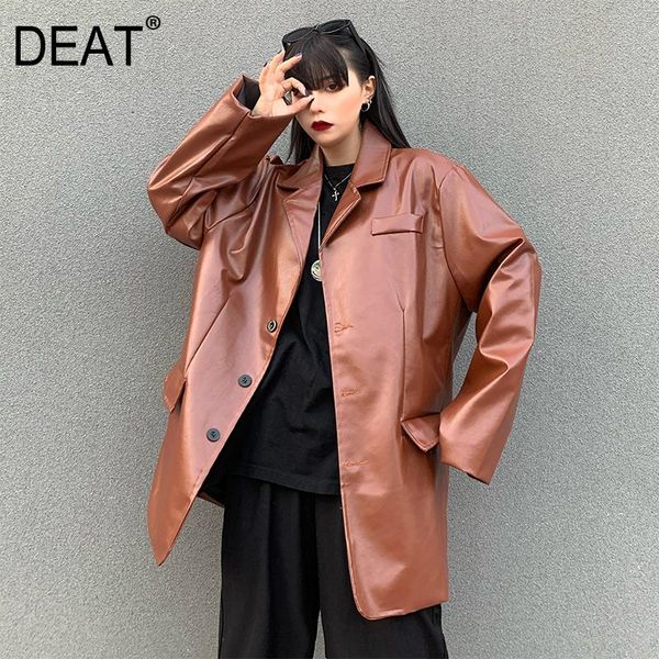 

women's leather & faux [deat] v-neck collar coat women single breasted solid medium length casual style fashion tide 2021 spring gd1117, Black