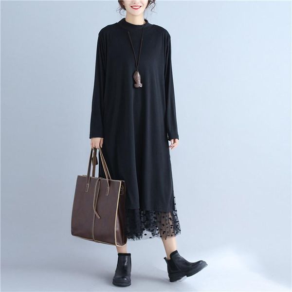 

casual dresses johnature 2021 autumn winter solid color patchwork mesh for women o-neck full sleeve loose render dress, Black;gray