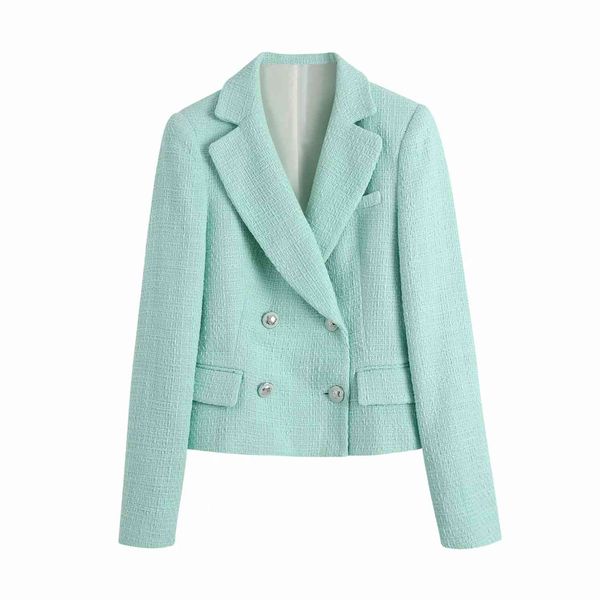 

women fashion light green tweed blazer coat za spring autumn double breasted jacket coat streetwear chic for female 210521, White;black