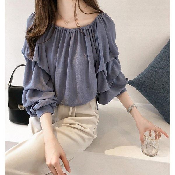 

women's swimwear large spring and summer one shoulder chiffon shirt bright silk loose bubble sleeve off thin, White;black