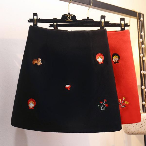 

skirts woolen skirt england style cartoon a-line embroidery above knee mini lenght empire waist autumn winter 2021, Black