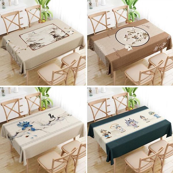 

table cloth chinese style artificial cotton and linen tablecloth waterproof anti scalding thickened fabric rectangle tea