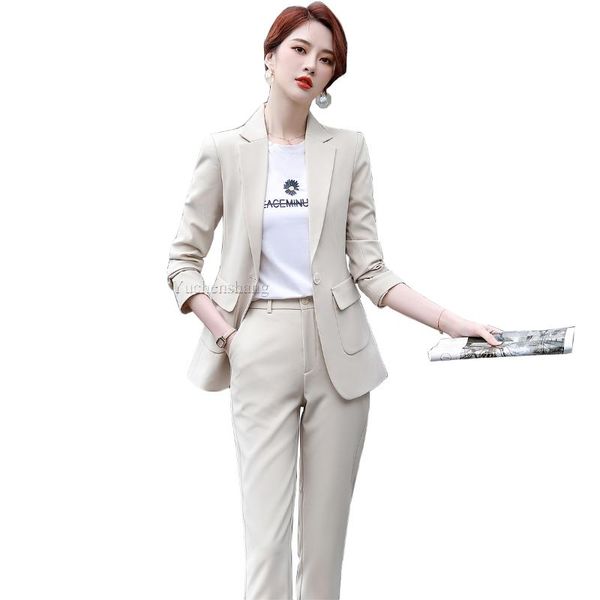 

women's two piece pants fashion slim formal pant suit women pink apricot black blue single button office ladies jacket blazer set with, White