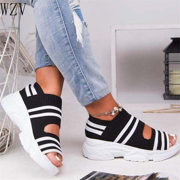 

women's sandals stretch fabric summer sneakers female casual woman shoes slip on peep toe thick bottom platform ladies zapatos, Black