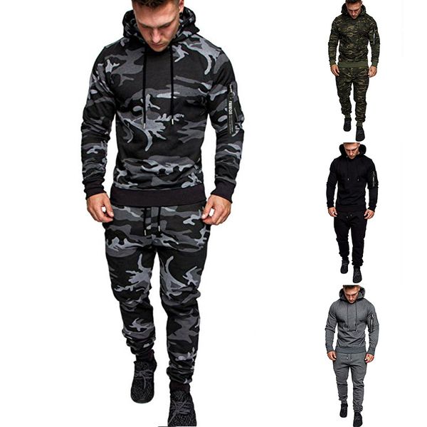 

men's tracksuits men's solid color camouflage all- sports hoodies pants set sweatshirts hooded sport suit gym running sets a24, Gray