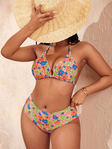

plus floral triangle high waisted bikini swimsuit x0vw#, Black