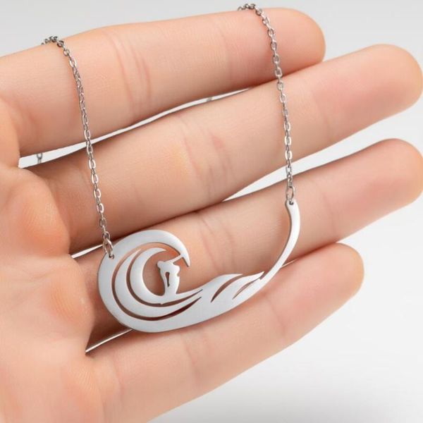 

chains stainless steel surfboard necklace for women girls surfing dainty i love surfer necklaces wave summer fashion beach jewelry, Silver