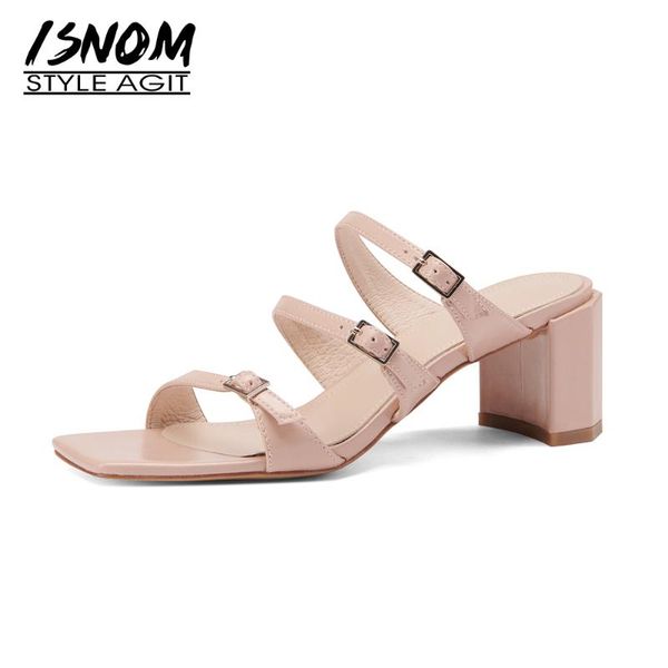 

women mules square toe genuine leather slippers female thick heel ladies summer shoes, Black