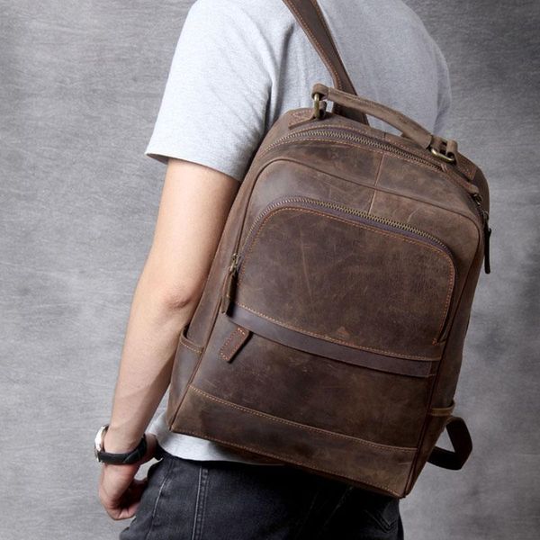 

backpack vintage crazy horse genuine leather man's fit 14" lapwomen rucksack school bag big travel backapack for man