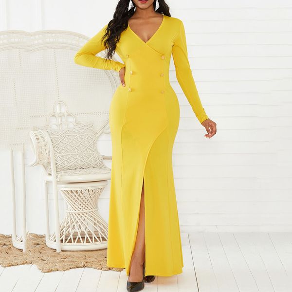 

v neck high slit long party dresses women long sleeve elegant prom evening dress office african vestidos de fiesta de noche, White