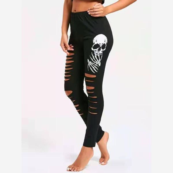 

yoga outfit women's halloween costume skull pants plus size fashion ripped casual printed trousers gym clothing#35