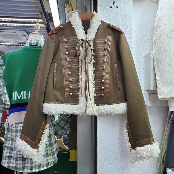 

women's fur & faux vintage breasted design lambswool patchwork army green women winter short coat elegant british style cotton outwear, Black