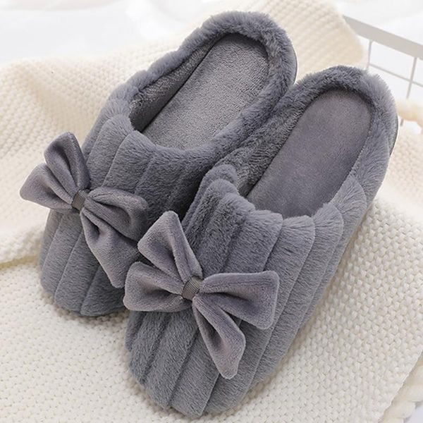 

slippers woman's winter for home plus size 43-44 striped butterfly knot comfortable fur women short plush, Black