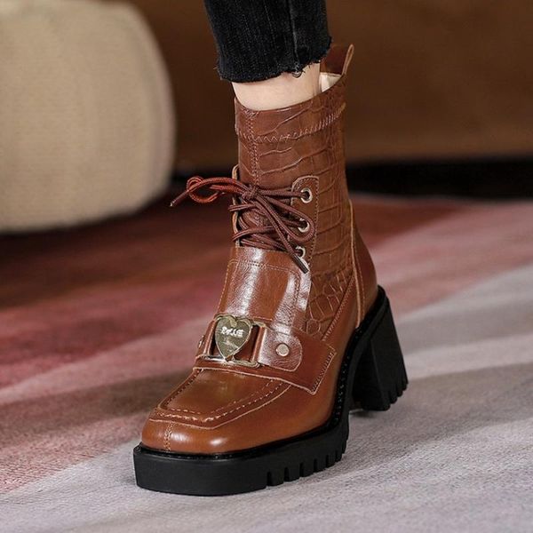 

boots olome womens genuine leather belt buckle heart metal decor ankle crocodile pattern shoes block heel punk lace up, Black
