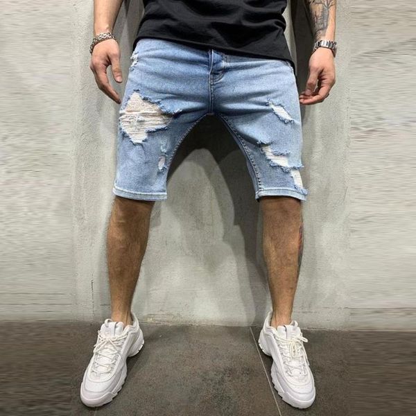 

men's stretch short jeans zipper pocket solid ripped denim shorts summer multi-pocket elastic man m5, Blue