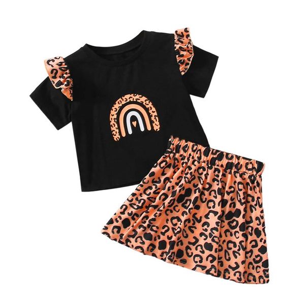 

clothing sets summer short sleeve rainbow print t-shirt + mini skirt set leisure 2pcs toddler girls princess outfits, White