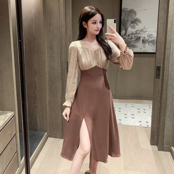 

autumn lace long sleeve patchwork v-neck double-breasted suit slim dress women's beading mini party dresses 210514, Black;gray