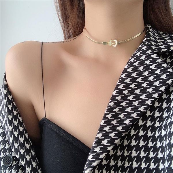 

trendy metal gold buckle shape choker necklace punk belt snake bone clavicle chain for women party jewelry gift pendant necklaces, Silver