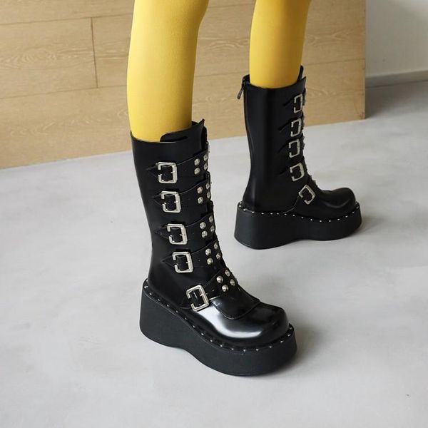 

boots 2021 motorcycle women's thick bottom handsome patent leather work clothes punk british style blast street, Black
