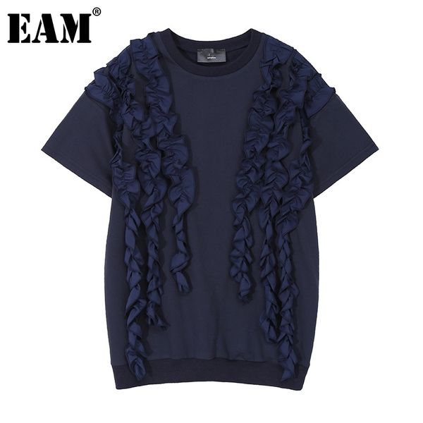 

[eam] women blue big size spliced casual ruffles t-shirt round neck short sleeve fashion spring summer 1dd7375 210512, White
