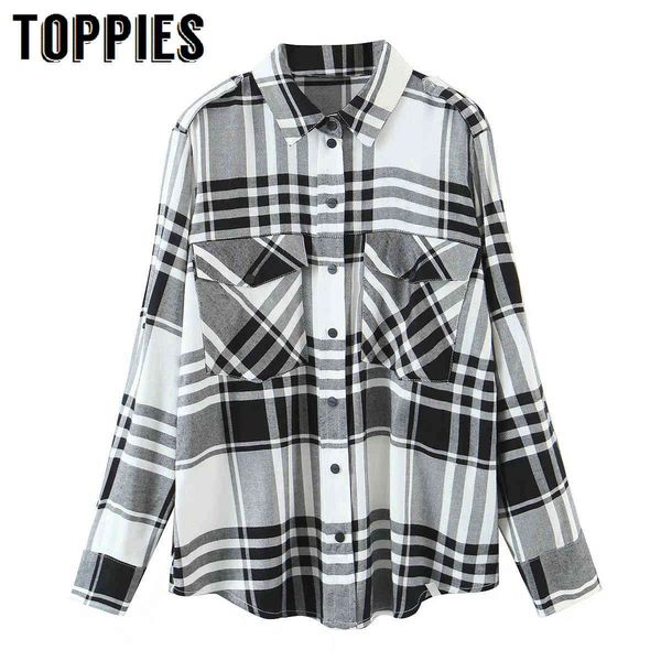 

ies women plaid blouse spring new white black plaid pockets blouses 210412