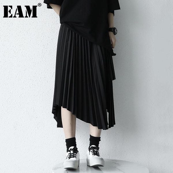 

skirts [eam] high elastic waist black pleated irregular personality half-body skirt women fashion tide spring autumn 2021 1dd7028