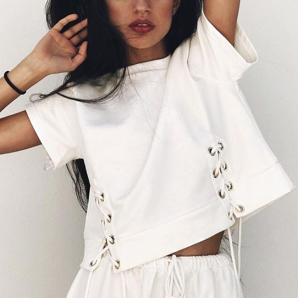 

women's t-shirt summer slim side bandage drawstring crewneck short sleeve crop top, White