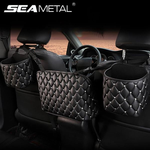 

car organizer bling storage mesh bag auto seat back handbag holder for girl women pu leather container accessory