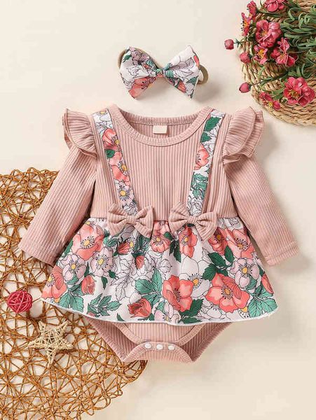 

baby floral print bow front ruffle trim combo bodysuit dress with headband she, Red;yellow