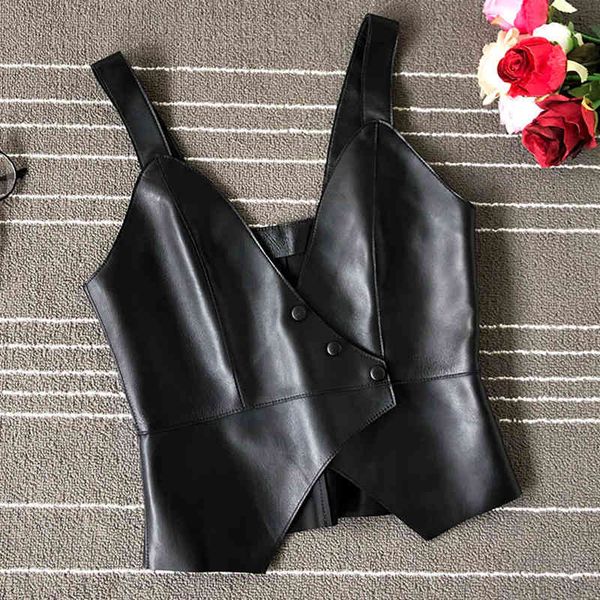 

women's vests 2021 fashions leather chic genuine irregular vest b109, Black;white