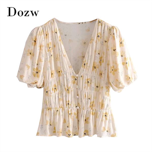 

summer deep v neck blouse women vintage floral print pleated shirt ladies puff short sleeve casual with buttons 210414, White