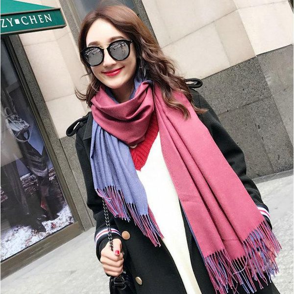 

scarves scarf female winter double-sided solid color korean version of joker cashmere warm tassel shawl, Blue;gray
