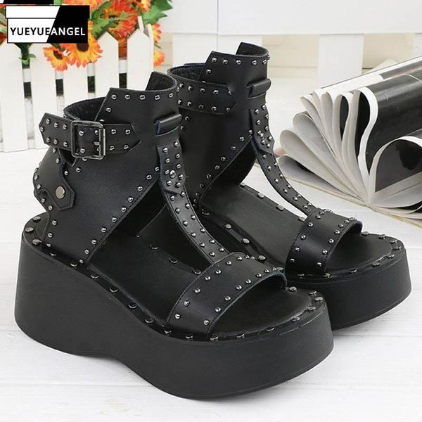 

summer harajuku platform sandals women buckle strap high-rivet wedges gladiator black punk shoes zapatos dress