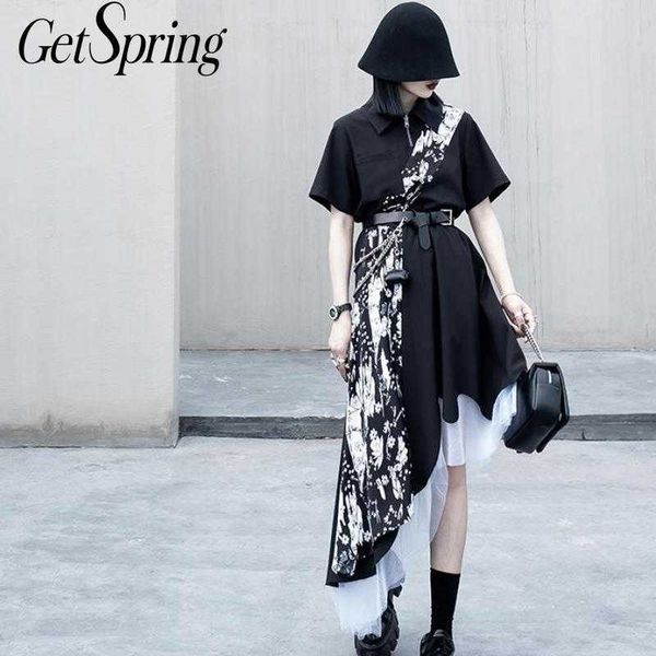 

getspring women dress asymmetry patchwork mesh printing summer dresses irregular color matching long shirt 210601, Black;gray