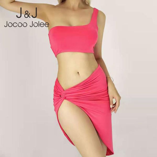 

jocoo jolee women one-shoulder irregular pleated summer solid party club tank and mini skirts two-piece set 210518, White