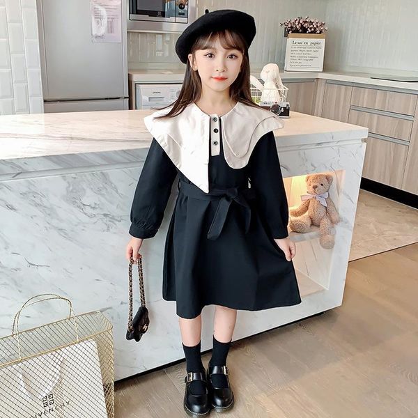 

girl's dresses children pink black color long sleeve shawl collar princess dress for girls cotton blend waist belt casual kids vestidos, Red;yellow