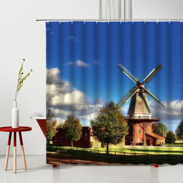 

windmill shower curtain european farm scenery tree wooden house flower orange-sunset machine washable bathroom decor curtains