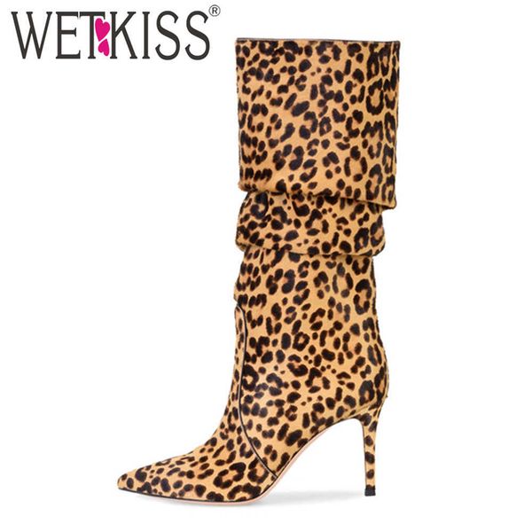 

wetkiss leopard boots women mid claf thin high heels boots pointed toe slip on pleated woman shoes fashion lady shoes big 210630, Black
